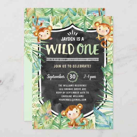 ジャングルサファリワイルドワンファースト誕生日パーティー 招待状 (正面/裏面)