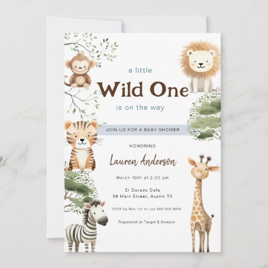 ジャングルサファリワイルドワンボーイ赤ちゃんシャワー 招待状 (正面)
