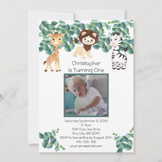 ジャングルサファリ写真少年1歳の誕生日 招待状 (正面)