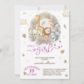 ジャングルサファリ動物のベビーガールシャワー 招待状 (正面)