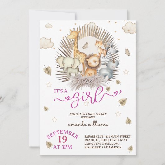 ジャングルサファリ動物のベビーガールシャワー 招待状 (正面)