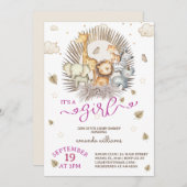 ジャングルサファリ動物のベビーガールシャワー 招待状 (正面/裏面)