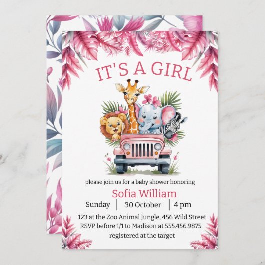ジャングルサファリ動物のベビーシャワーの女の子だ 招待状 (正面/裏面)