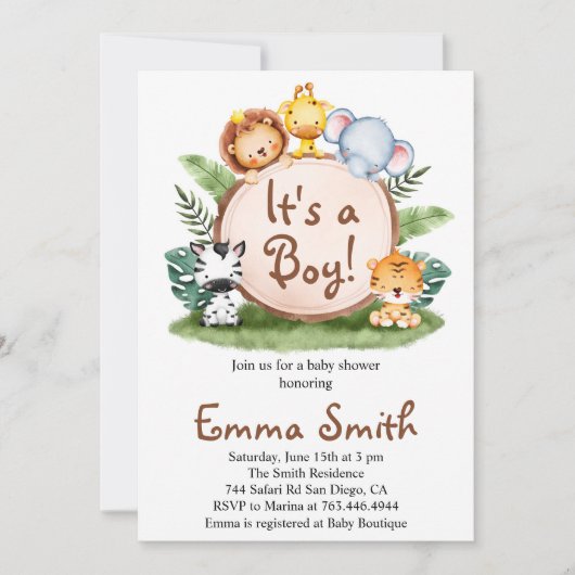 ジャングルサファリ動物のベビーシャワーの招待客 招待状 (正面)
