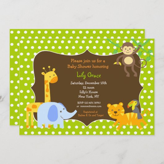 ジャングルサファリ動物のベビーシャワー招待状 招待状 (正面/裏面)