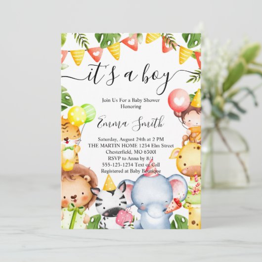 ジャングルサファリ動物のベビーシャワー 招待状 (スタンド正面)