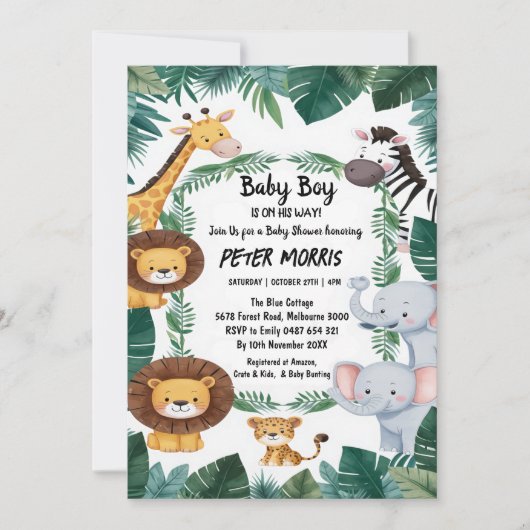 ジャングルサファリ動物のベビーシャワー 招待状 (正面)