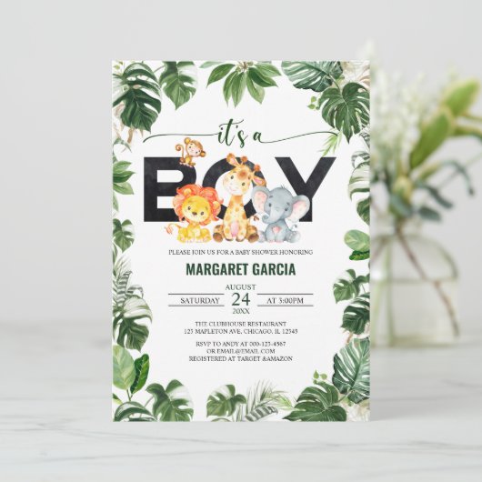 ジャングルサファリ動物のベビーシャワー 招待状 (スタンド正面)