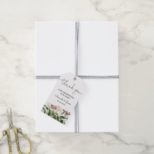 ジャングルサファリ動物のベビースワーナベビーシャワーありがとう ギフトタグ (より糸付き)