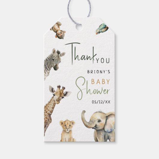 ジャングルサファリ動物のベビースワーナベビーシャワーありがとう ギフトタグ (正面)
