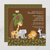 ジャングルサファリ動物の中立のベビーシャワー 招待状 (正面/裏面)