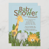 ジャングルサファリ動物の中立のベビーシャワー 招待状 (正面/裏面)