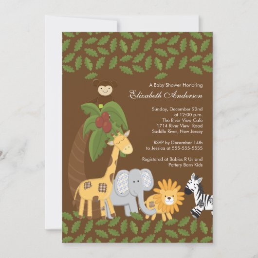 ジャングルサファリ動物の中立のベビーシャワー 招待状 (正面)