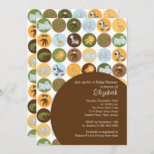 ジャングルサファリ動物の中立のベビーシャワー 招待状 (正面/裏面)