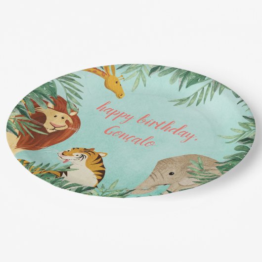 ジャングルサファリ動物の子供の誕生日のパーティーの幼児 ペーパープレート (アングル)