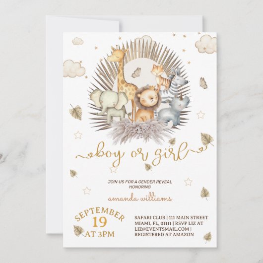 ジャングルサファリ動物の性別の表示 招待状 (正面)