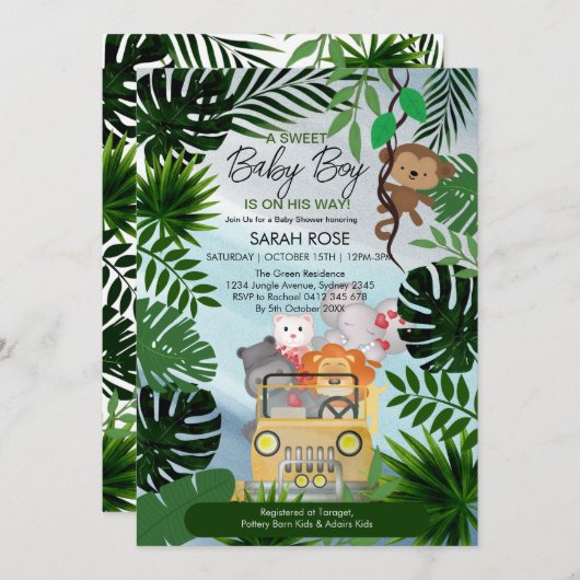 ジャングルサファリ動物の男の子のシャワー招待 招待状 (正面/裏面)