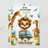 ジャングルサファリ動物の男の子 1歳の誕生日 招待状 (正面/裏面)