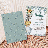 ジャングルサファリ動物の緑のフローラ赤ちゃんシャワー 招待状