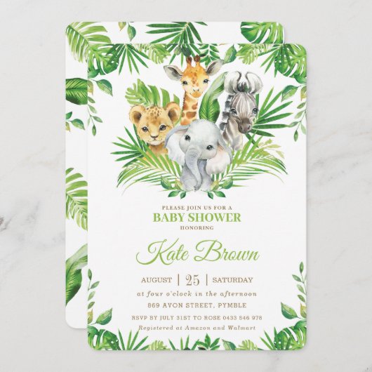 ジャングルサファリ動物の緑の自然の赤ちゃんシャワー 招待状 (正面/裏面)