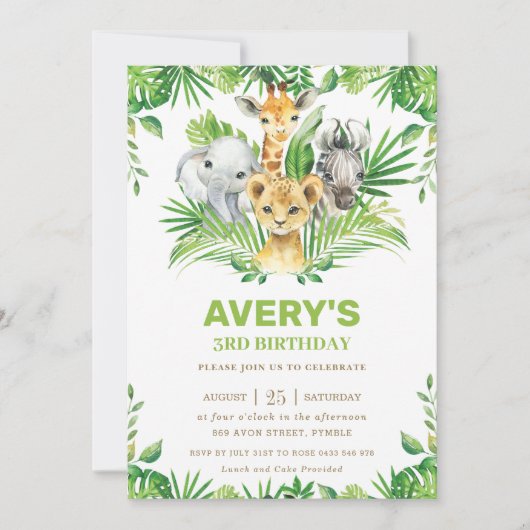 ジャングルサファリ動物の緑の誕生日パーティー 招待状 (正面)