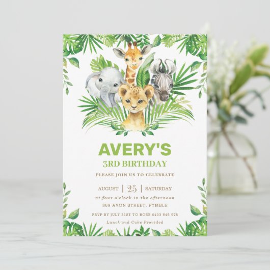 ジャングルサファリ動物の緑の誕生日パーティー 招待状 (スタンド正面)