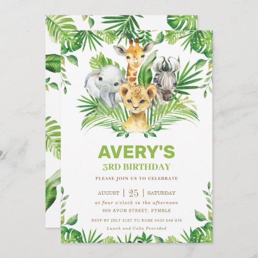 ジャングルサファリ動物の緑の誕生日パーティー 招待状 (正面/裏面)