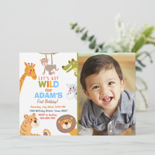 ジャングルサファリ動物の誕生日パーティーへの招待 招待状 (スタンド正面)