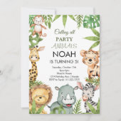 ジャングルサファリ動物の誕生日パーティーへの招待 招待状 (正面)