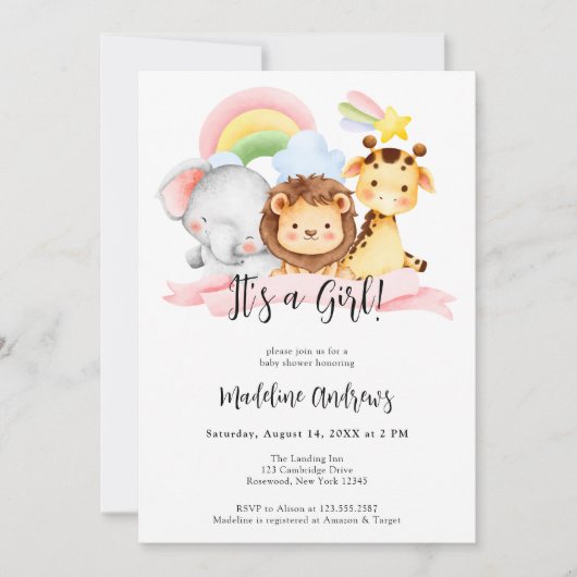 ジャングルサファリ動物の赤ちゃんシャワーの女の子 招待状 (正面)