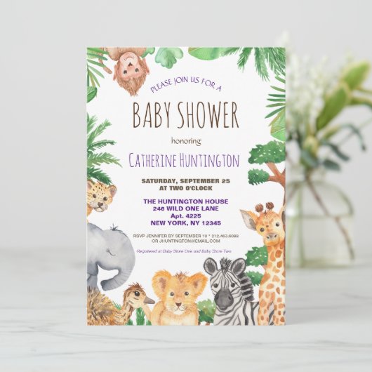 ジャングルサファリ動物の赤ちゃんシャワーブックベビー 招待状 (スタンド正面)