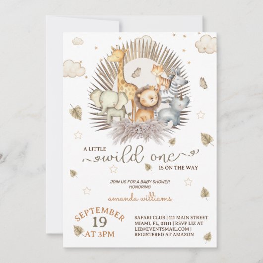 ジャングルサファリ動物の赤ちゃんシャワー 招待状 (正面)