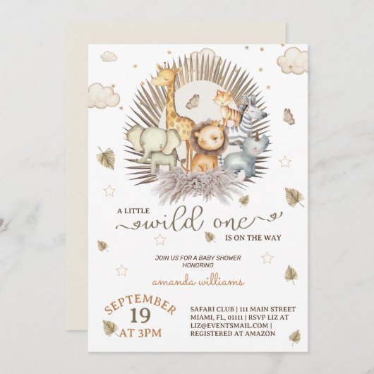 ジャングルサファリ動物の赤ちゃんシャワー 招待状 (正面/裏面)