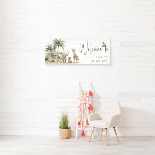 ジャングルサファリ動物ウェルカムバースデーパーティー 横断幕 (インサイチュ)