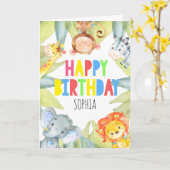 ジャングルサファリ動物パーソナライズされた誕生日ガールズ カード (黄色い花)