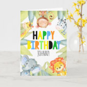ジャングルサファリ動物パーソナライズされた誕生日 カード (黄色い花)
