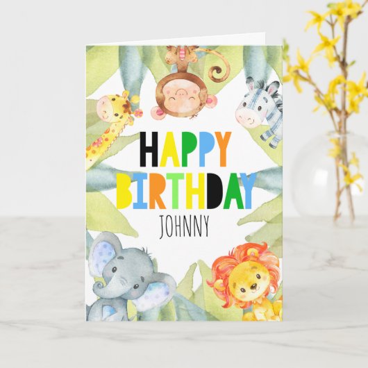 ジャングルサファリ動物パーソナライズされた誕生日 カード (黄色い花)