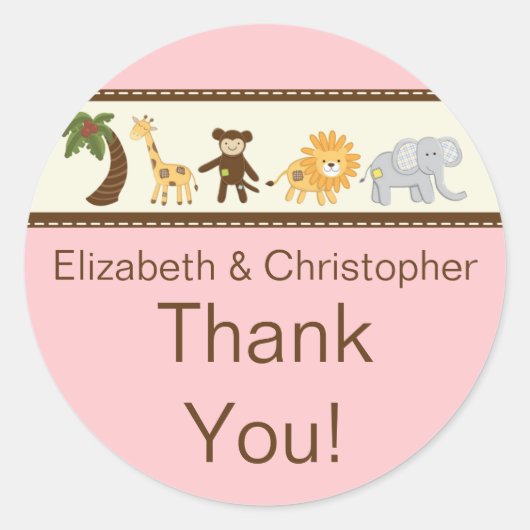 ジャングルサファリ動物ピンクガールベビーシャワー ラウンドシール (正面)