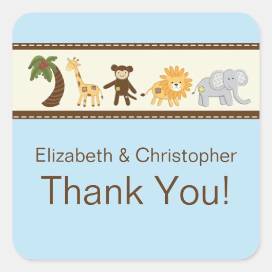 ジャングルサファリ動物ブルーボーイベビーシャワー スクエアシール (正面)