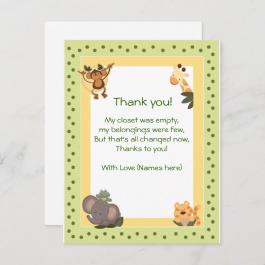ジャングルサファリ動物ベビーシャワーありがとうご注意 サンキューカード (正面/裏面)