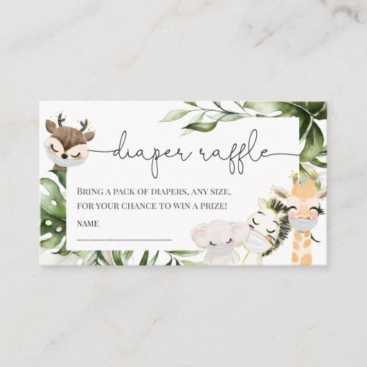 ジャングルサファリ動物ベビーシャワーおむつラッフル エンクロージャーカード (正面)