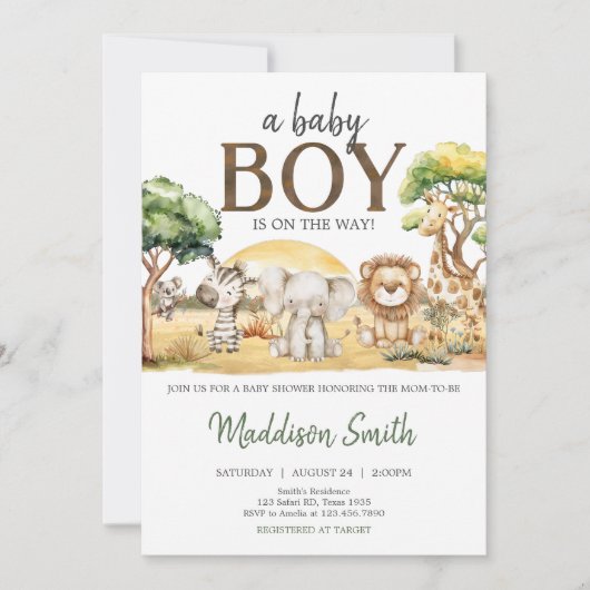 ジャングルサファリ動物ベビーシャワー 招待状 (正面)