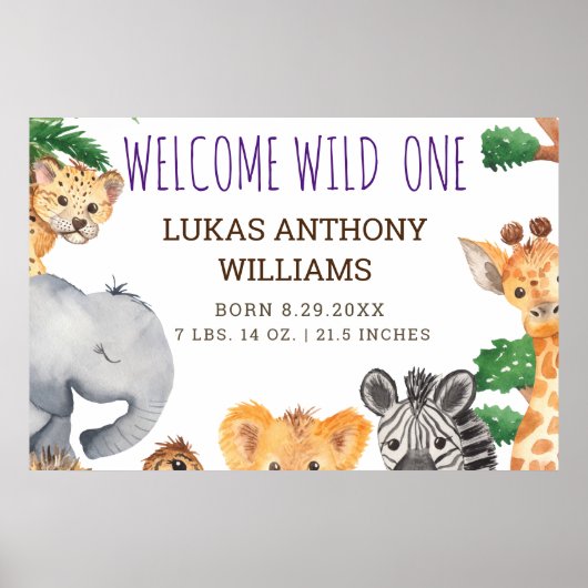 ジャングルサファリ動物ベビー誕生のお知らせ ポスター (正面)