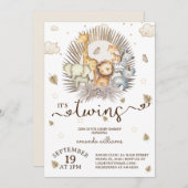 ジャングルサファリ動物双生児ベビーシャワー 招待状 (正面/裏面)