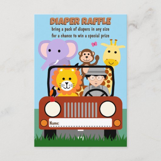 ジャングルサファリ動物園の動物の赤ちゃんシャワーおむつラッフル エンクロージャーカード (正面)