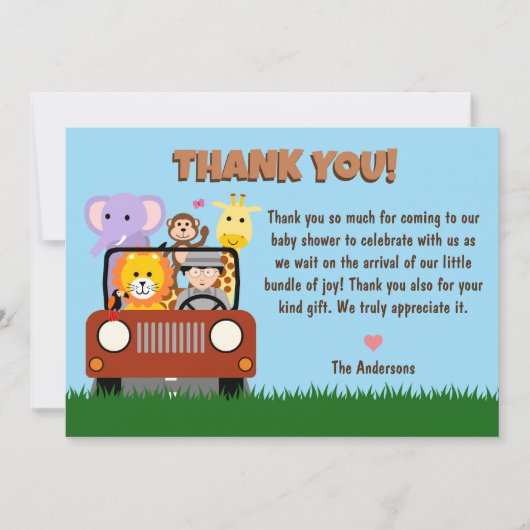 ジャングルサファリ動物園の動物の赤ちゃんシャワー サンキューカード (正面)