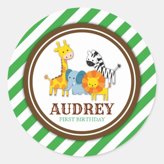 ジャングルサファリ動物園の動物誕生日ベビーシャワー ラウンドシール (正面)