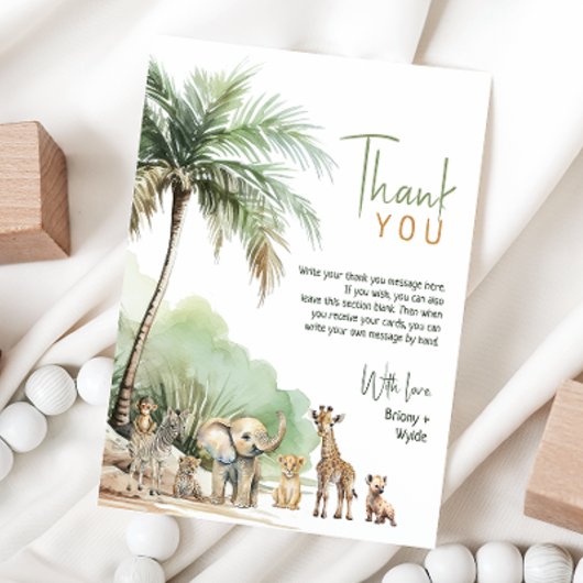 ジャングルサファリ動物垂直ベビーシャワーフラット サンキューカード