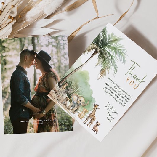 ジャングルサファリ動物垂直ベビーシャワー写真 サンキューカード
