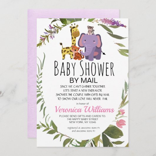 ジャングルサファリ動物熱帯性ベビーシャワー（郵便） 招待状 (正面/裏面)